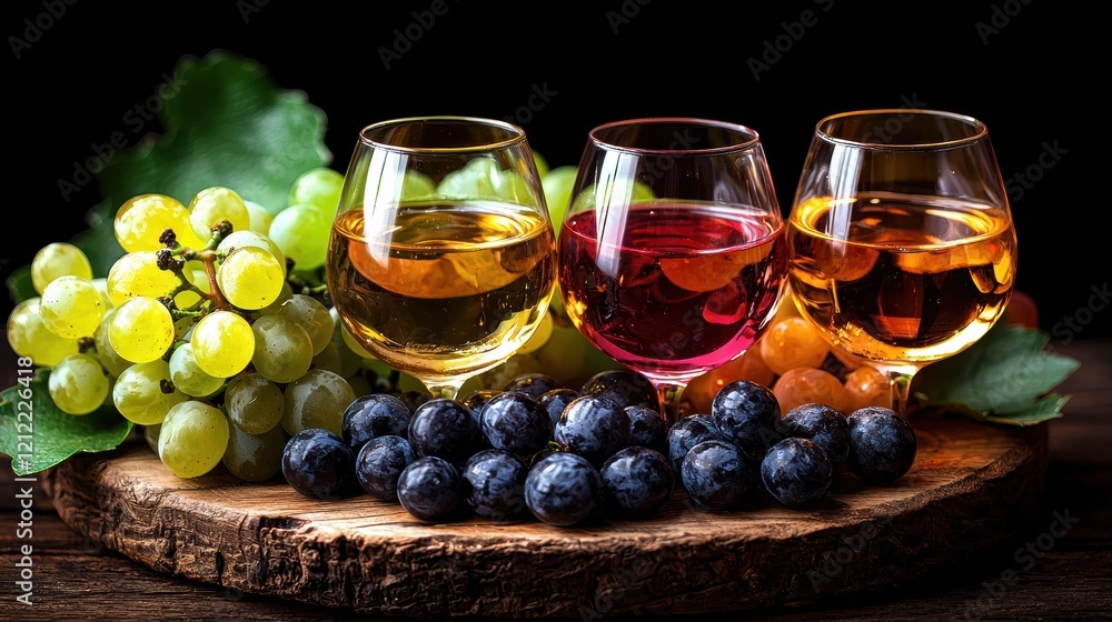 Three Glasses of Wine with Green and Dark Grapes on Wooden Board Three Glasses of Wine with Green and Dark Grapes on Wooden Board
