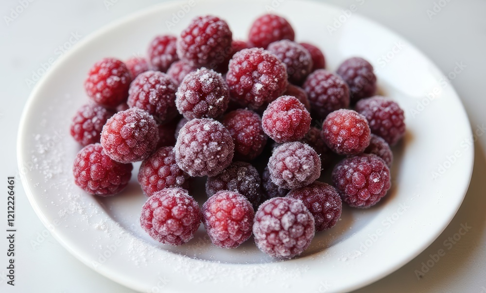 Frosted red raspberries on a white plate Frosted red raspberries on a white plate