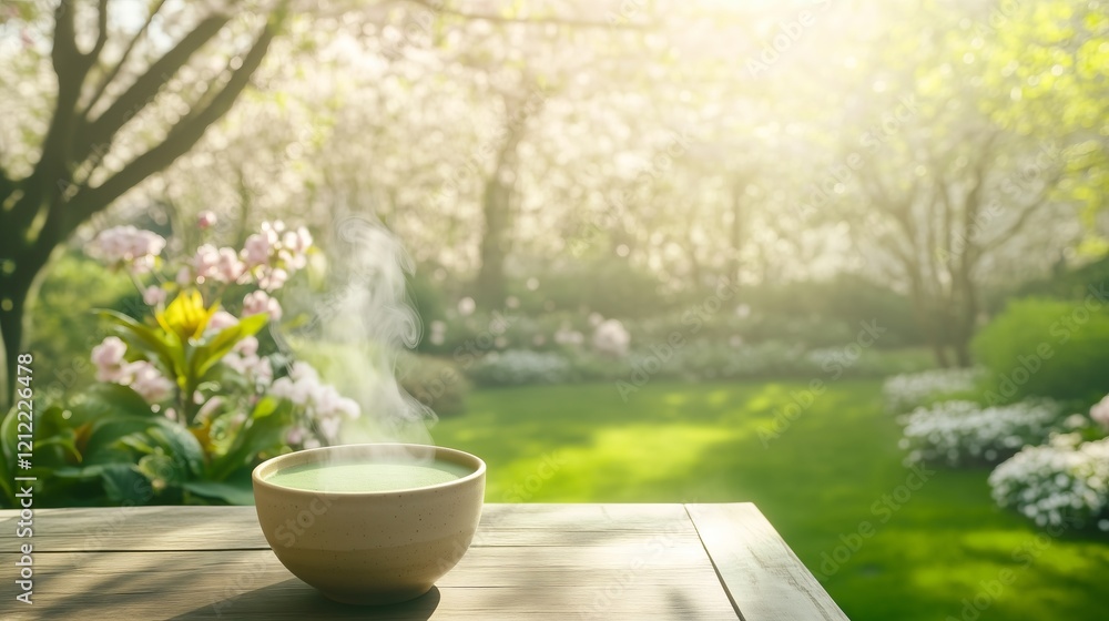 Steaming green tea in bowl on wooden table in blooming spring garden Steaming green tea in bowl on wooden table in blooming spring garden