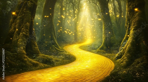 Winding yellow brick road through magical forest with fireflies at twilight