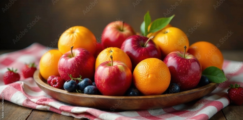 A vibrant collection of fresh, ripe apples and oranges artfully arranged in a rustic wooden bowl, complemented by a scattering of juicy berries on a checkered cloth. A vibrant collection of fresh, ripe apples and oranges artfully arranged in a rustic wooden bowl, complemented by a scattering of juicy berries on a checkered cloth.