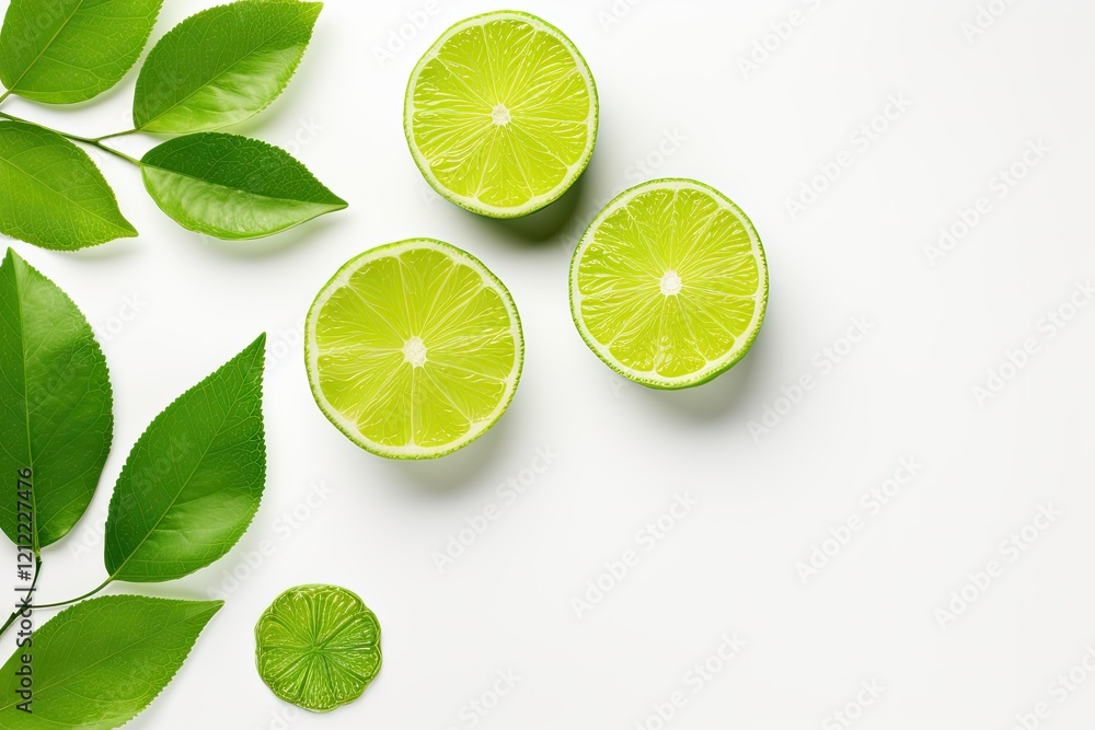 Isolated top view of halved lime fruits with green leaf on white background Isolated top view of halved lime fruits with green leaf on white background