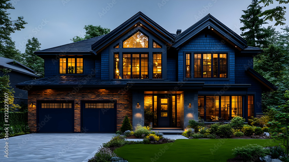 Luxurious Modern Home at Dusk with Warm Interior Lighting Luxurious Modern Home at Dusk with Warm Interior Lighting