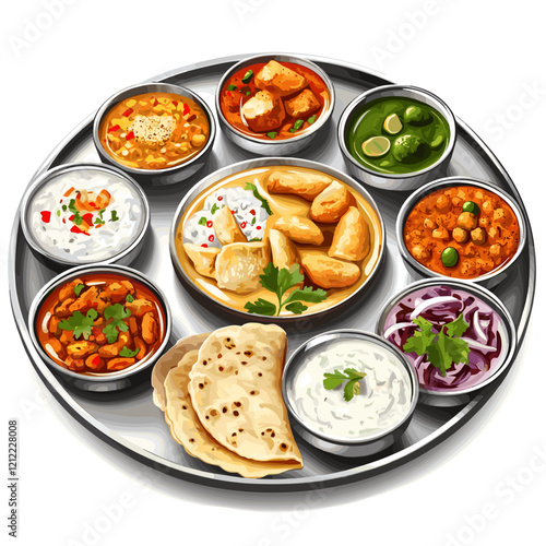 Traditional Indian Thali Illustration with Authentic Dishes
