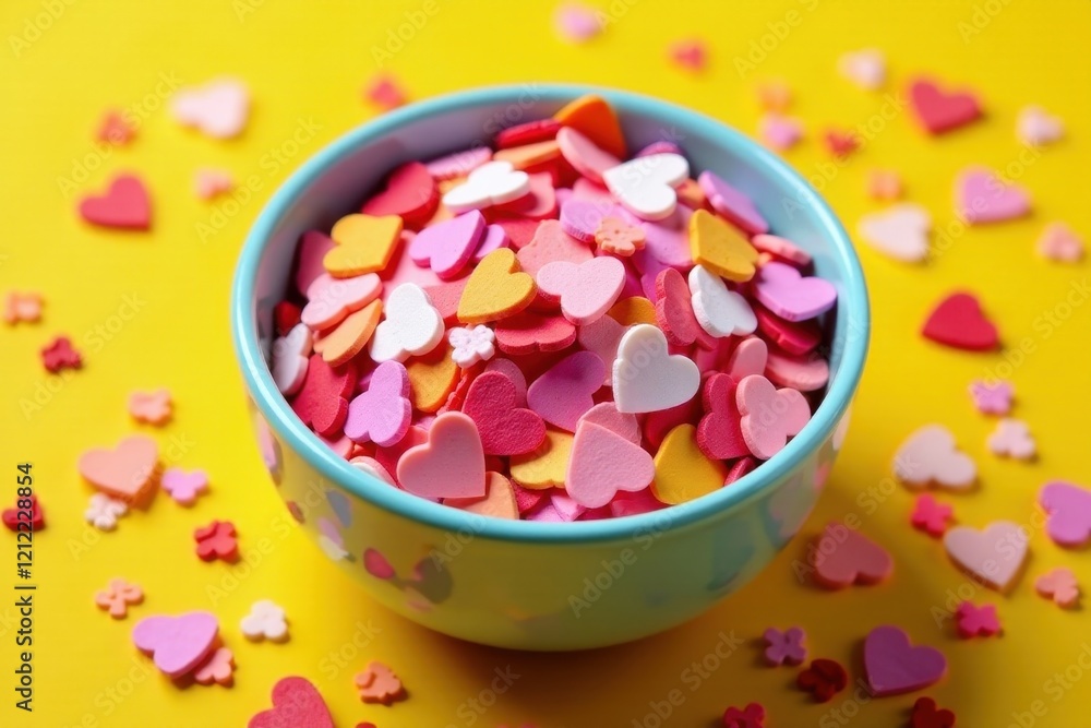 A delightful bowl overflowing with colorful heart-shaped sprinkles, scattered across a vibrant yellow surface. A delightful bowl overflowing with colorful heart-shaped sprinkles, scattered across a vibrant yellow surface.