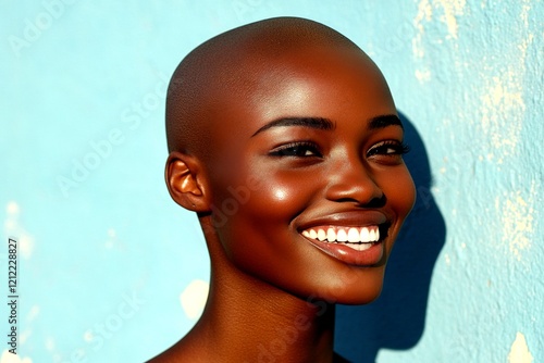 Short hairdo - bald head - no hair. Commercial promotion idea. Stunning smiling black girl - for ads, brochure and social media use. African american advertising portrait. Bold black woman. photo