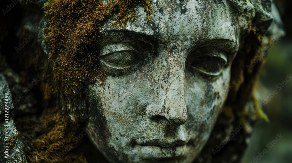 A Stone Face Covered in Moss Depicts Time's Passage and Nature's Embrace A Stone Face Covered in Moss Depicts Time's Passage and Nature's Embrace
