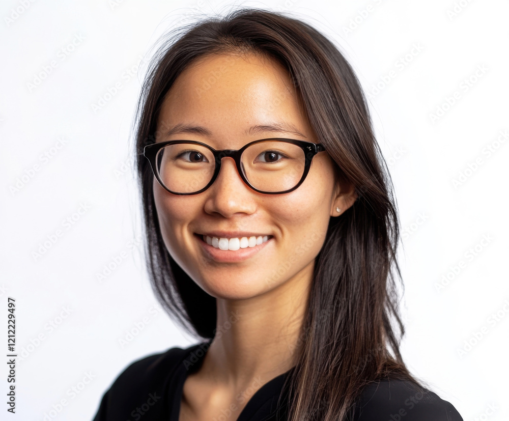 Person with glasses smiling in a bright setting while posing for a portrait Person with glasses smiling in a bright setting while posing for a portrait