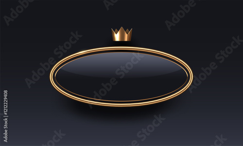 Luxury black badges with gold metal frames and crown. 3d golden banners - decoration elements for identity design, greeting card, cover, poster or invitation. Vector illustration.