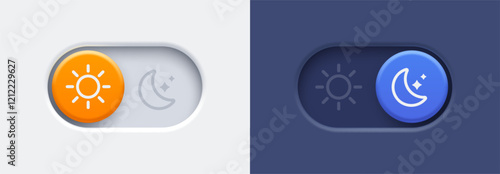 Dark mode and light mode toggle switch buttons.  Material design slider switch buttons set. Day and night mode switch button. Vector illustration.