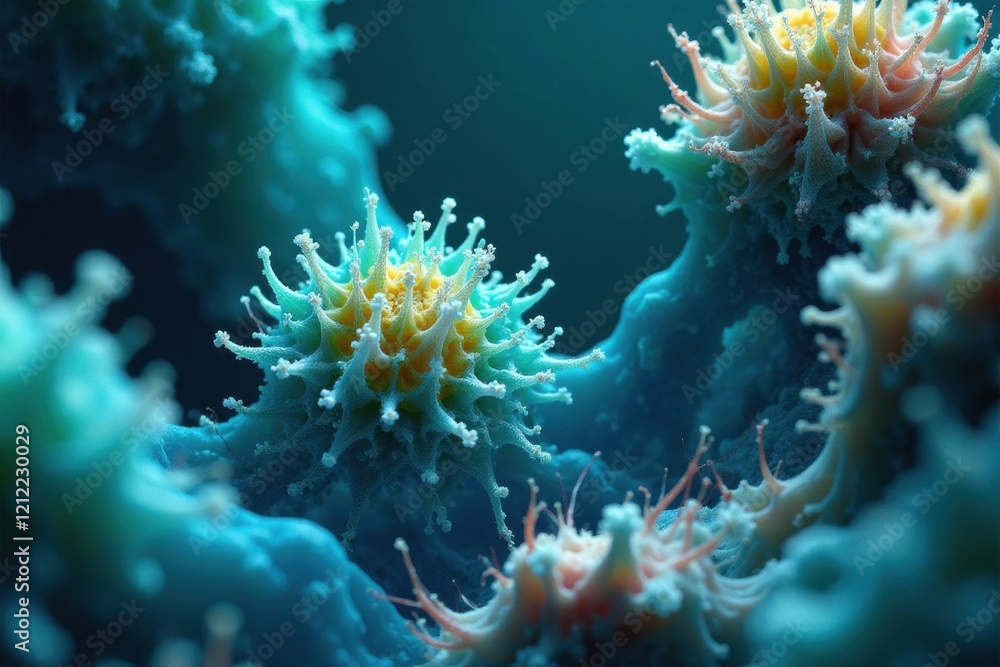 Microscopic View of Cellular Structures, Revealing Intricate Details of Organic Shapes and Textures in a Vibrant Blue and Yellow Hue Microscopic View of Cellular Structures, Revealing Intricate Details of Organic Shapes and Textures in a Vibrant Blue and Yellow Hue