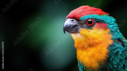 This stunning close-up showcases a vibrant bird featuring an array of colorful feathers, capturing the beauty of nature's artistry and the essence of wildlife diversity. photo