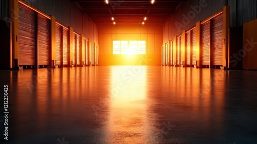 Golden sunset light streams through large bay doors of a storage facility, creating a dramatic and tranquil atmosphere combined with industrial design elements. photo