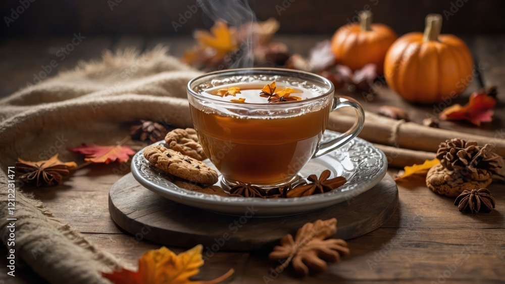 A cozy autumn scene featuring a cup of spiced drink, cookies, and decorative pumpkins. A cozy autumn scene featuring a cup of spiced drink, cookies, and decorative pumpkins.