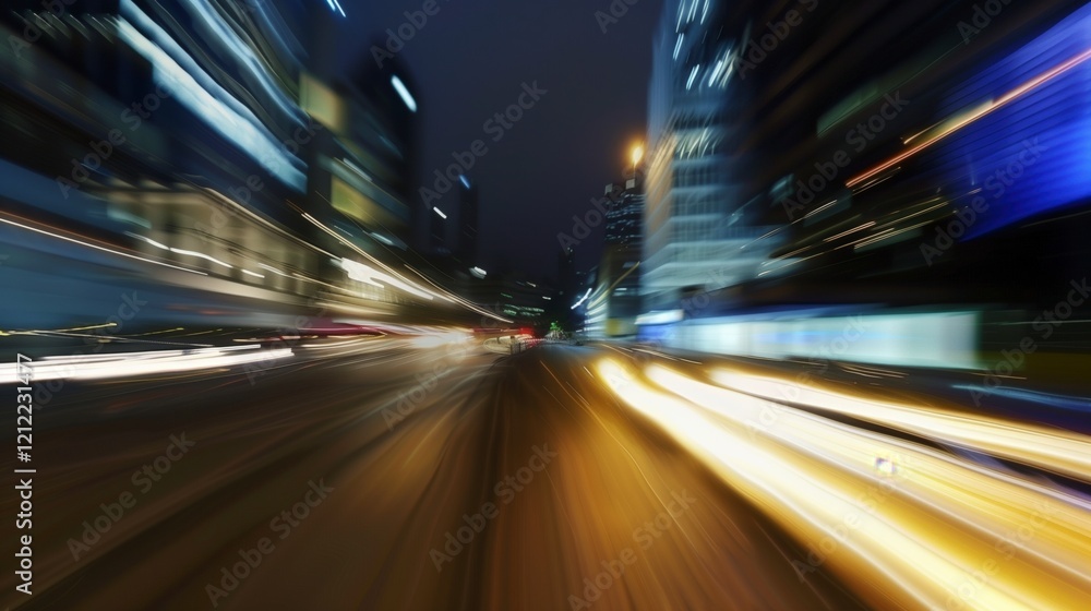 A blurry city street at night with cars and buildings in the background. Concept of motion and energy, as if the viewer is looking through a fast-moving camera lens. AI generated. A blurry city street at night with cars and buildings in the background. Concept of motion and energy, as if the viewer is looking through a fast-moving camera lens. AI generated.