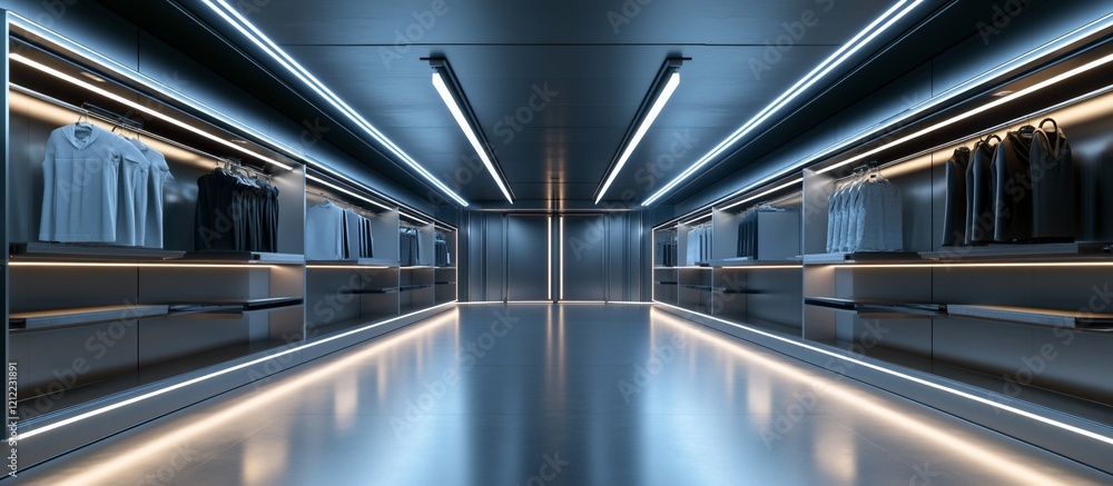 Fototapeta premium Futuristic Clothing Store Interior Design: A Modern Showroom with Neon Lighting and Sleek Aesthetics