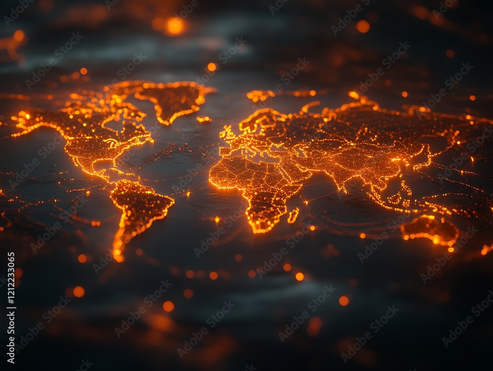 Glowing world map, digital network. Glowing world map, digital network.