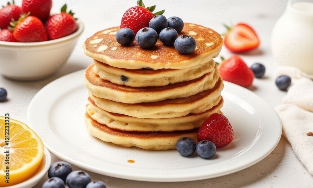 Delicious pancakes topped with berries Delicious pancakes topped with berries