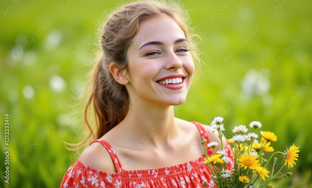 Young woman with flowers in sunny field Young woman with flowers in sunny field