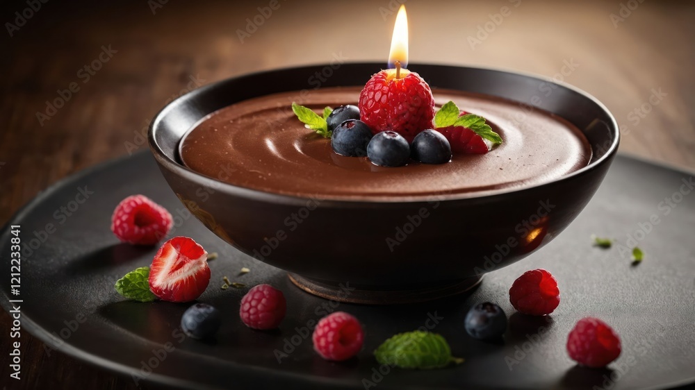 A rich chocolate mousse topped with berries and mint, elegantly presented for dessert. A rich chocolate mousse topped with berries and mint, elegantly presented for dessert.