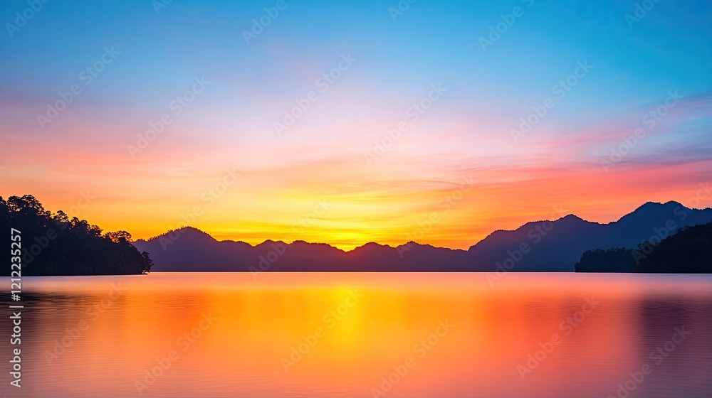 Serene sunset over a tranquil lake with mountains in the background, reflecting vibrant colors Serene sunset over a tranquil lake with mountains in the background, reflecting vibrant colors
