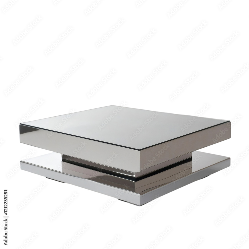 A minimalist coffee table with tempered glass top and silver edges, floating on white. A minimalist coffee table with tempered glass top and silver edges, floating on white.