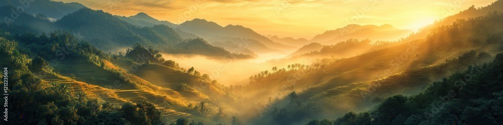Fototapeta premium Golden Sunrise Over Banaue Rice Terraces, Misty Valleys, Lush Greenery, Tranquil Landscape, Vibrant Colors, Serene Atmosphere