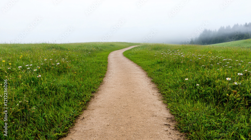 Fog in Nature Themed, dirt path winding through foggy field with lush greenery and flowers Fog in Nature Themed, dirt path winding through foggy field with lush greenery and flowers