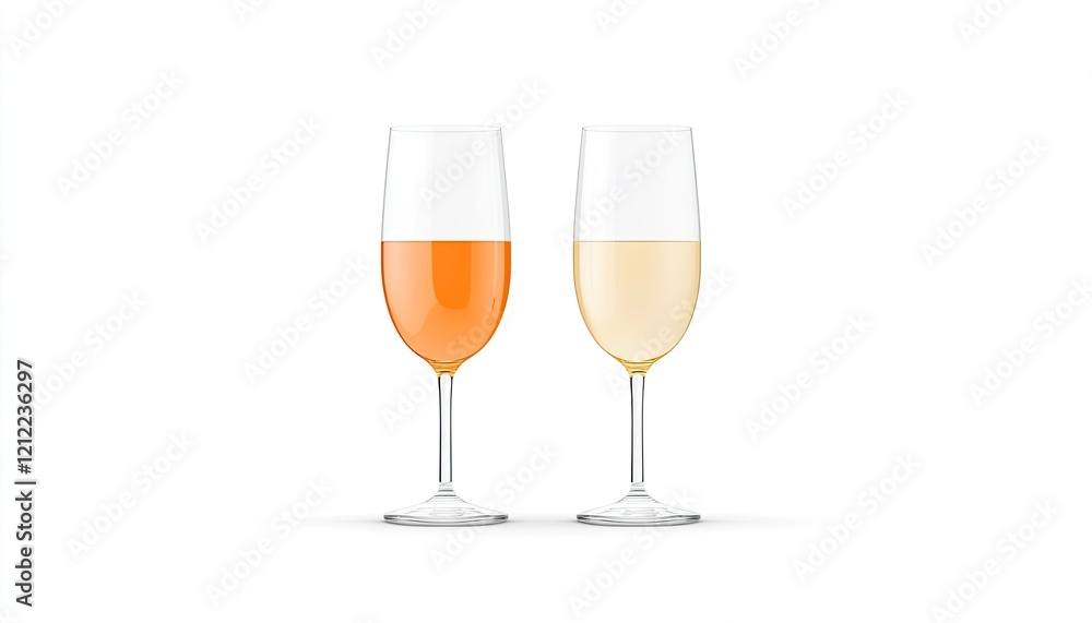 Two elegant champagne glasses filled with orange and white drinks on a minimalist background Two elegant champagne glasses filled with orange and white drinks on a minimalist background