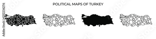 This visual presents different political maps of Turkey, highlighting various regional divisions. Each map uses distinct colors and styles to illustrate geographical and administrative features.
