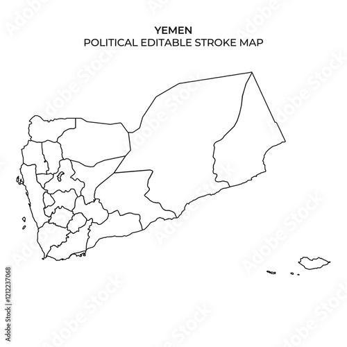 Detailed outline of Yemens political map highlighting regions and borders. The design allows for editing and customization, making it useful for educational and informational purposes.