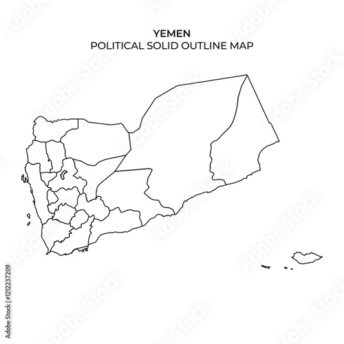 A detailed political map outlines the various regions of Yemen. It highlights the boundaries of different areas as well as the overall shape of the country without color.