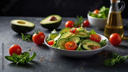 A fresh salad with avocado, tomatoes, and greens, drizzled with olive oil.