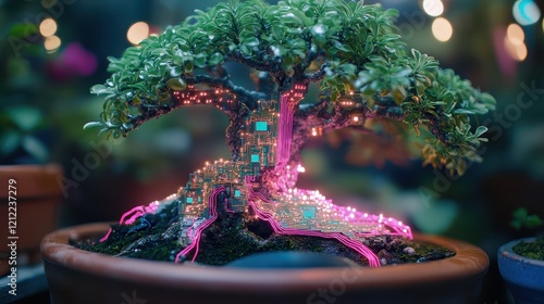 The bonsai tree seamlessly blends advanced technology with circuit boards and luminescent roots, creating a stunning futuristic garden ambiance photo