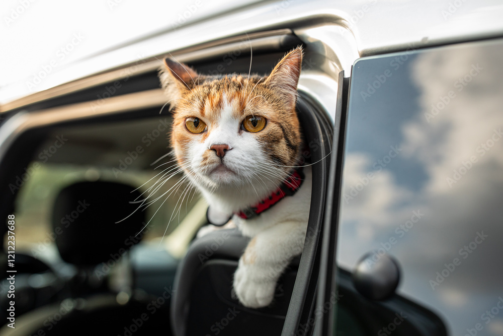 Portrait of little adorable tricolor kitten travelling in the car.