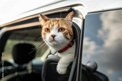 Obraz na płótnie Portrait of little adorable tricolor kitten travelling in the car. w salonie