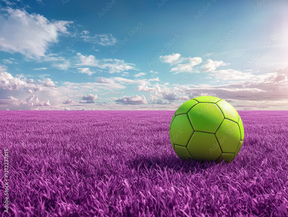Fototapeta premium Vibrant purple field showcases a glossy neon green soccer ball in a sporty and cinematic composition during daylight hours