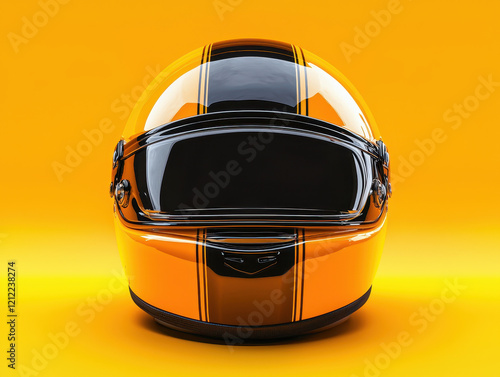 Glossy orange helmet with bold black stripe on a vibrant yellow desk, illustrating modern design and sporty aesthetics in a well-lit environment photo