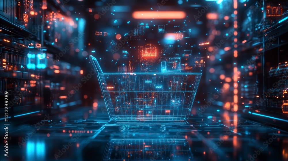 Futuristic ecommerce shopping basket visualization digital warehouse 3d render high-tech environment dynamic viewpoint Futuristic ecommerce shopping basket visualization digital warehouse 3d render high-tech environment dynamic viewpoint