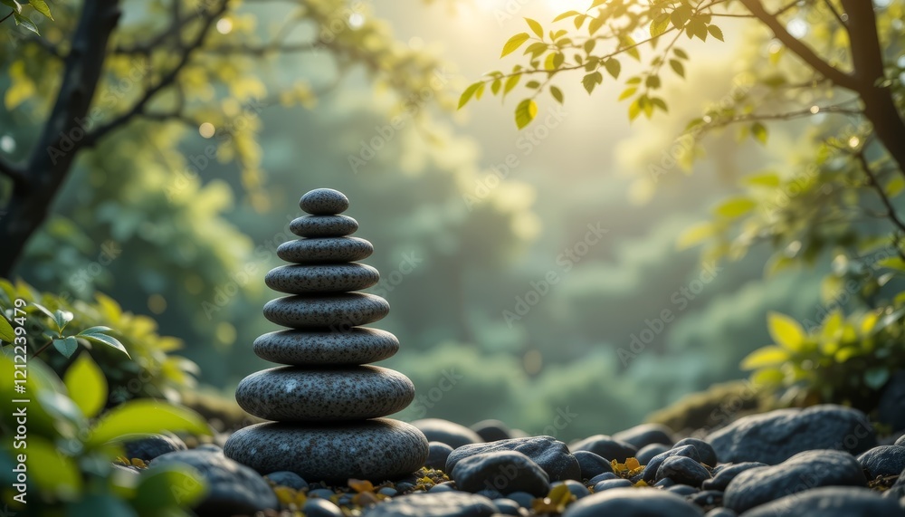 Obraz premium Stacked zen stones surrounded by lush tropical greenery