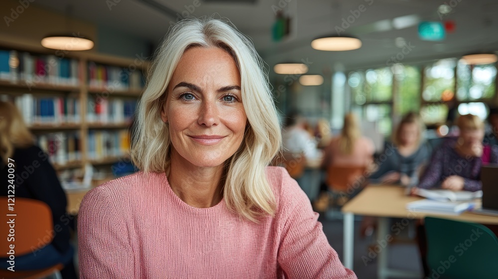 Confident woman smiling library background; education, learning, study Confident woman smiling library background; education, learning, study