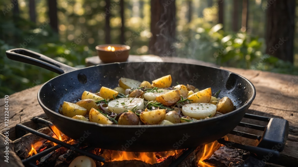 A skillet of roasted potatoes cooking over a campfire in a forest setting. A skillet of roasted potatoes cooking over a campfire in a forest setting.