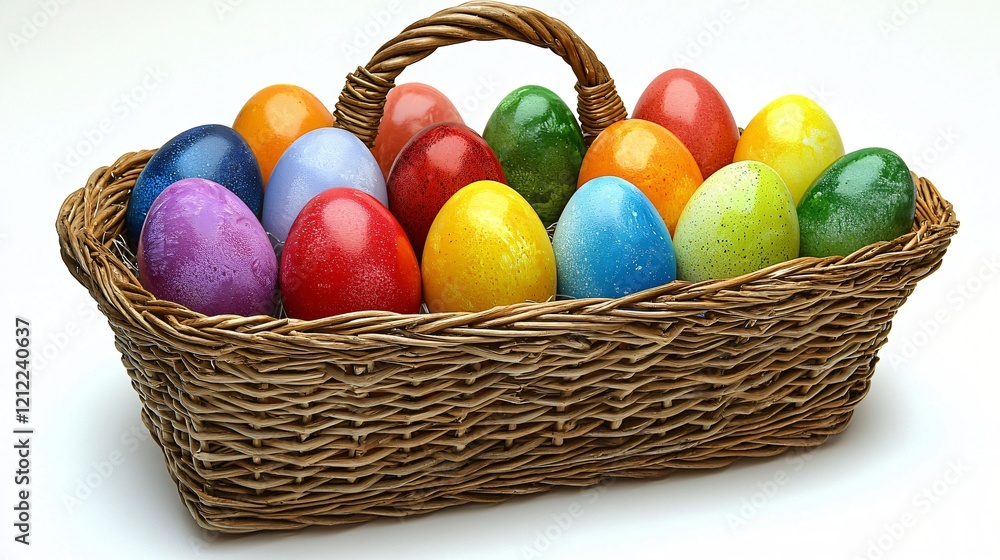 Naklejka premium Colorful Easter eggs in wicker basket, spring holiday, white background, celebration