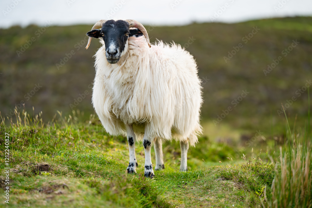 Obraz premium Sheep marked with dye grazing in green pastures. Adult sheep and baby lambs feeding in lush green meadows of Ireland.