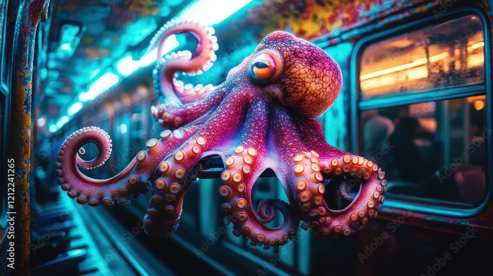 Obraz premium Neon octopus maneuvers through a sunken subway car in an underwater cityscape, illuminating the eerie atmosphere with vibrant colors