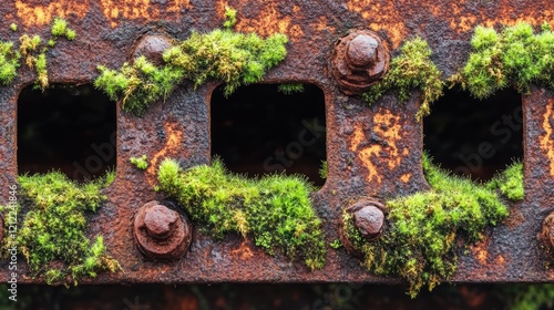 Rusty Metal Surface with Green Moss and Textured Details