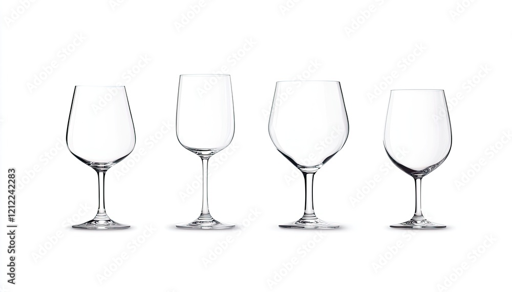 Four elegant glassware pieces arranged in a row, showcasing various shapes and sizes for dining Four elegant glassware pieces arranged in a row, showcasing various shapes and sizes for dining