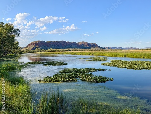 Calm river scene with red hills, riparian vegetation, and clear sky; ideal for travel brochures. photo