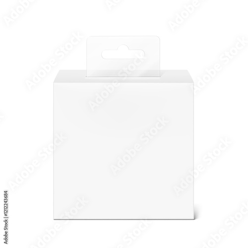 Realistic packaging box mockup with clear plastic hang slot tab  for electronic and mobile accessories. Vector illustration isolated on white background. Ready to use for your design. EPS10.