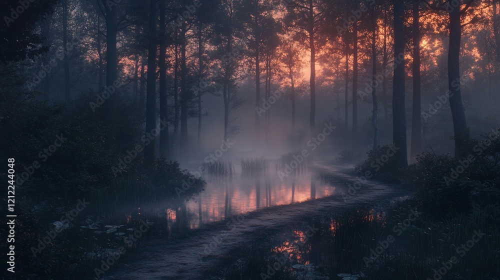 Misty forest path at sunset reflecting in still water. Misty forest path at sunset reflecting in still water.